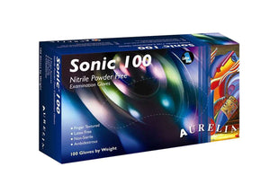 Sonic 100 Nitrile Ultra Thin Powder-Free Textured Gloves Small Blue 2.2mil 100/bx. - Aurelia