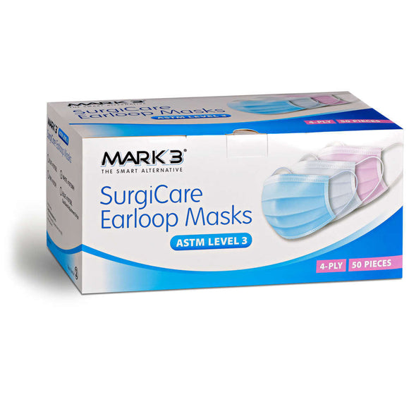 SurgiCare Blue Earloop Face Masks w/ Dual Band Strips Level 3 4ply 50/bx. - MARK3* - Osung USA