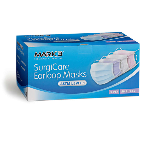 SurgiCare Blue Earloop Face Masks Level 1 3ply 50/bx. - MARK3* - Osung USA