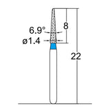 Conical Pointed, Slender, 1.4 mm Dia. Medium Grit Diamond Bur 5 per pack. 164.14M2 - Osung USA