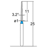 Conical Pointed, Slender 1 mm Dia. Medium Grit Diamond Bur 5 per pack. 164.10M4 - Osung USA